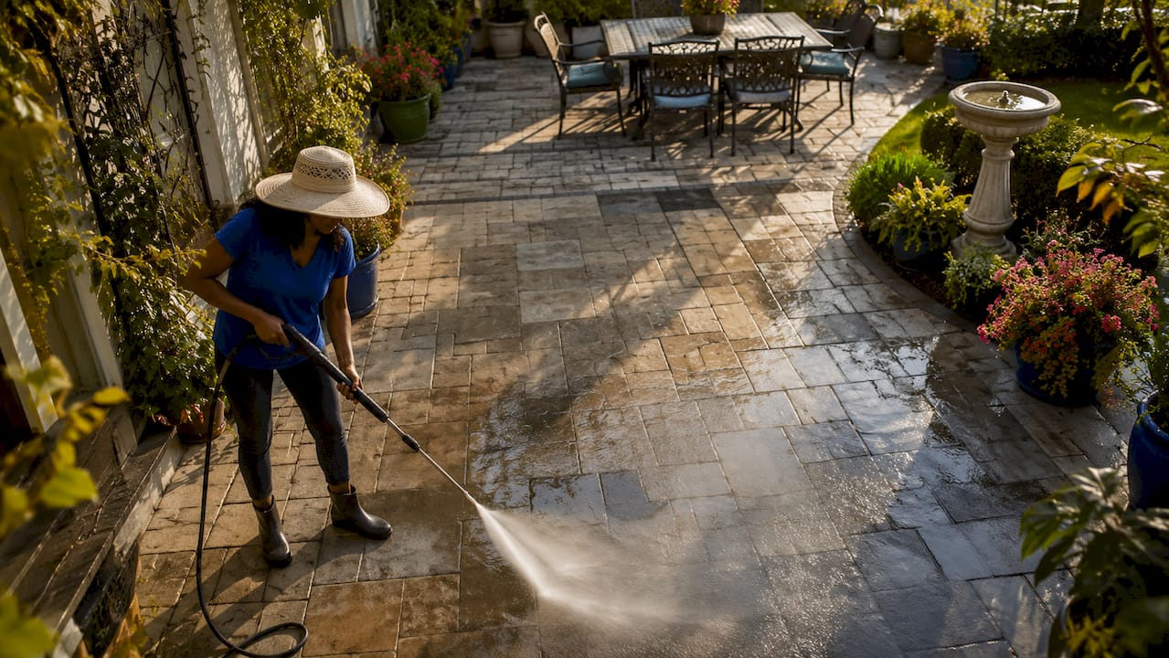 Person pressure washing stone patio outdoors