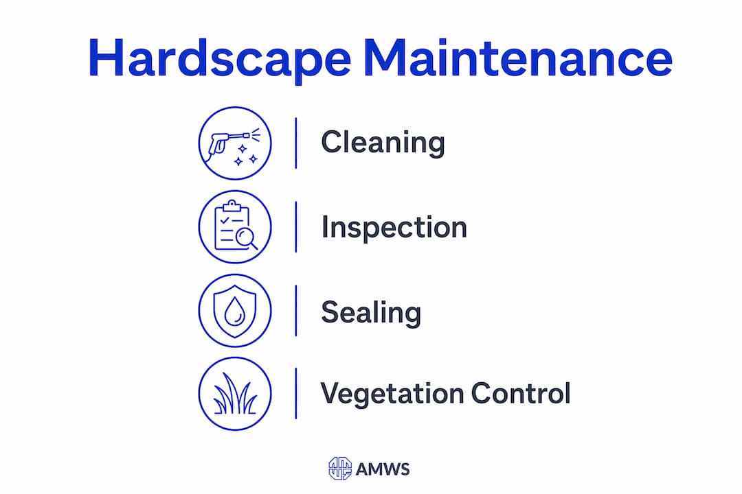 Infographic displaying four main hardscape maintenance tasks