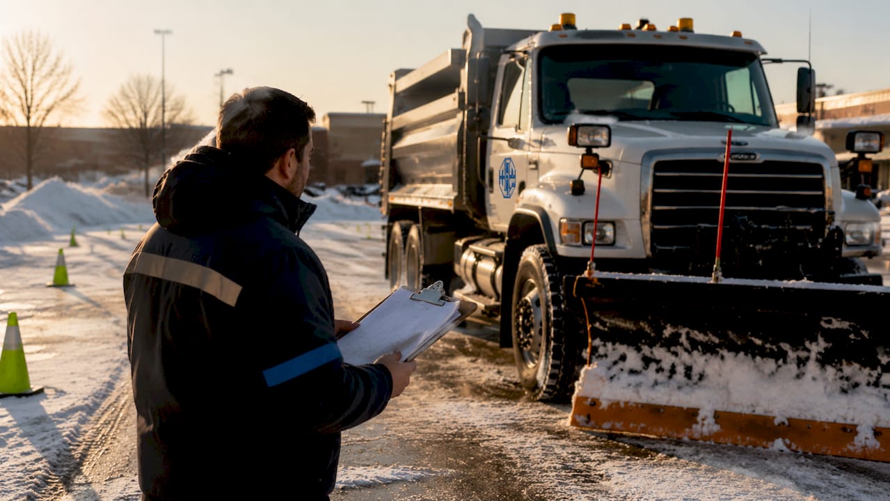 Snow Removal Vendor Evaluation Guide for Facilities 1 Facility manager inspecting snow plow truck outdoors