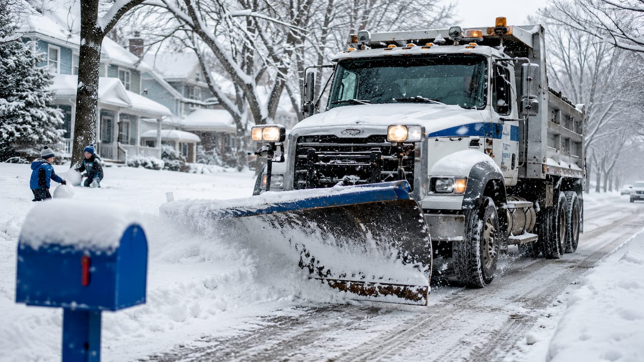 Snow plow truck clearing snowy city street at dawn