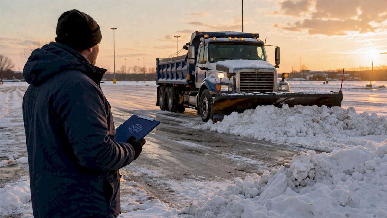 Commercial parking lot snow plow clearing snow