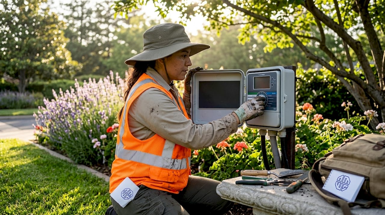 Maintenance worker adjusting commercial irrigation system outdoors