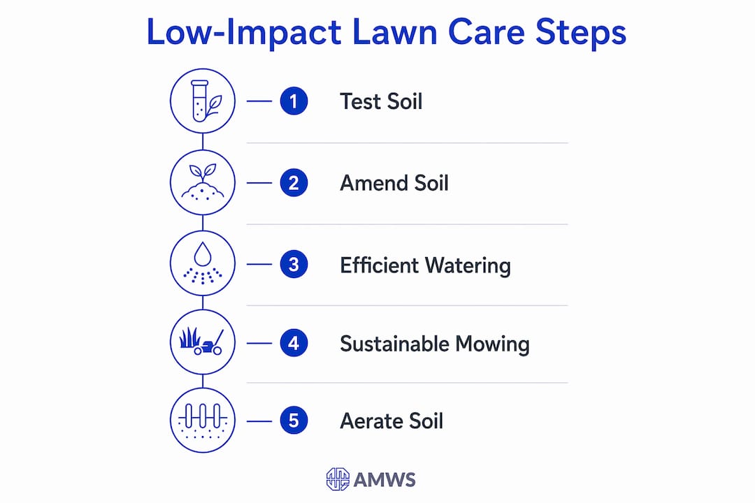 Infographic illustrating five steps for low-impact lawn care