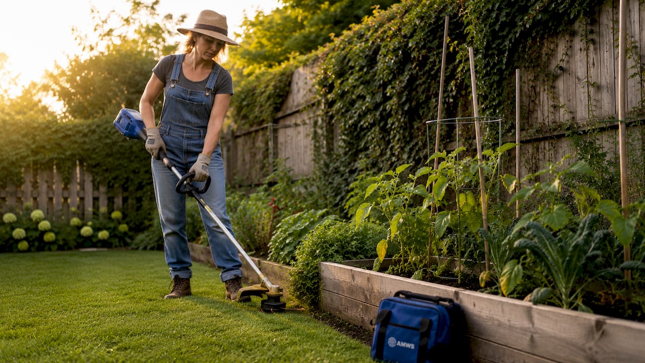 Gardener mowing lawn in sunny yard