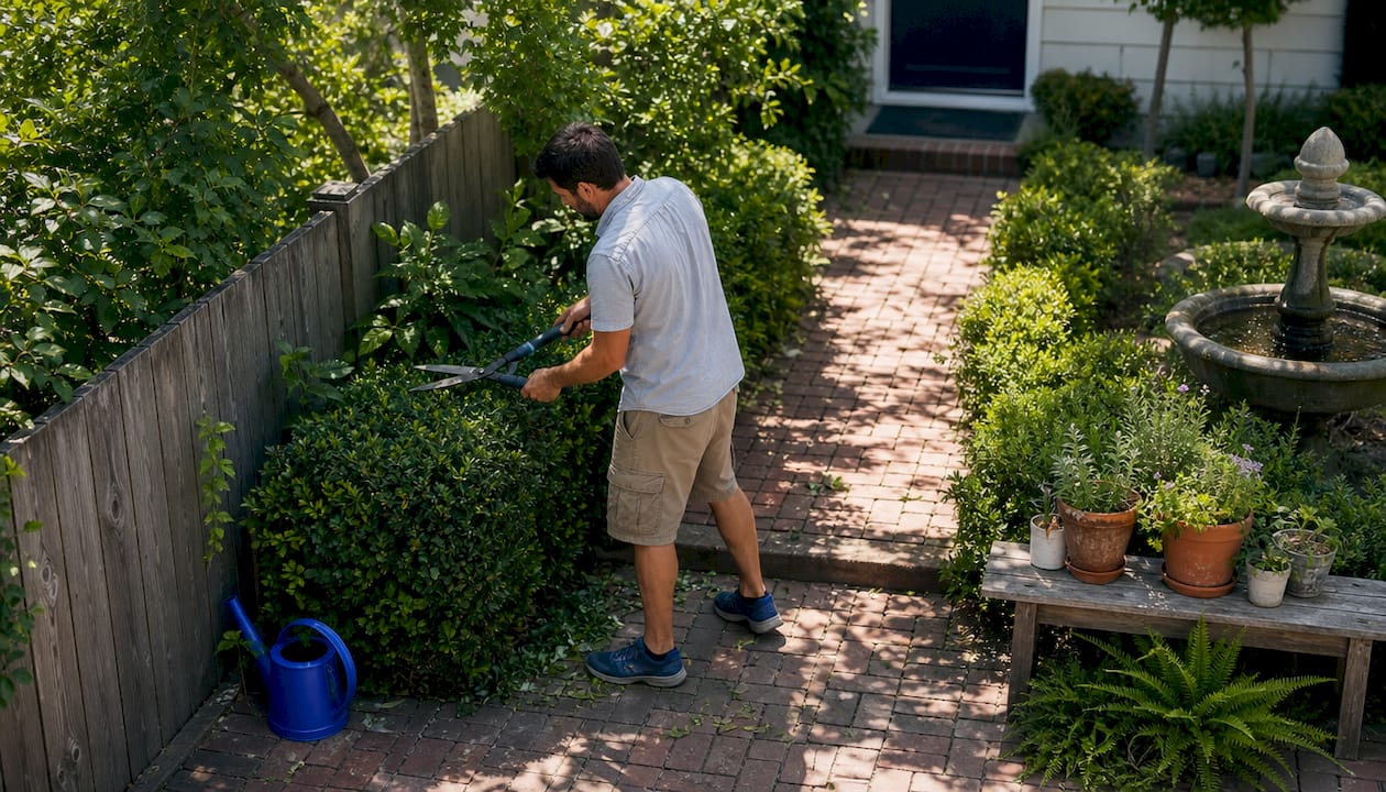 Homeowner mowing lawn for curb appeal