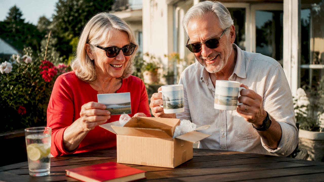 Couple unpacking personalized printed gifts at home