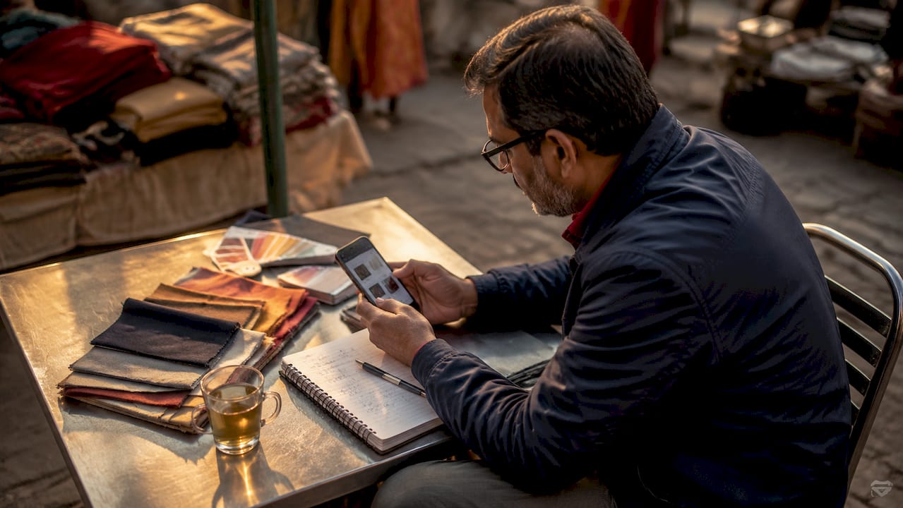 Man researching t-shirt trends on tablet in café