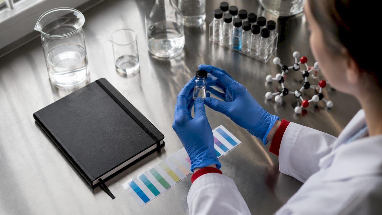 Hands holding UV ink vial in laboratory setting