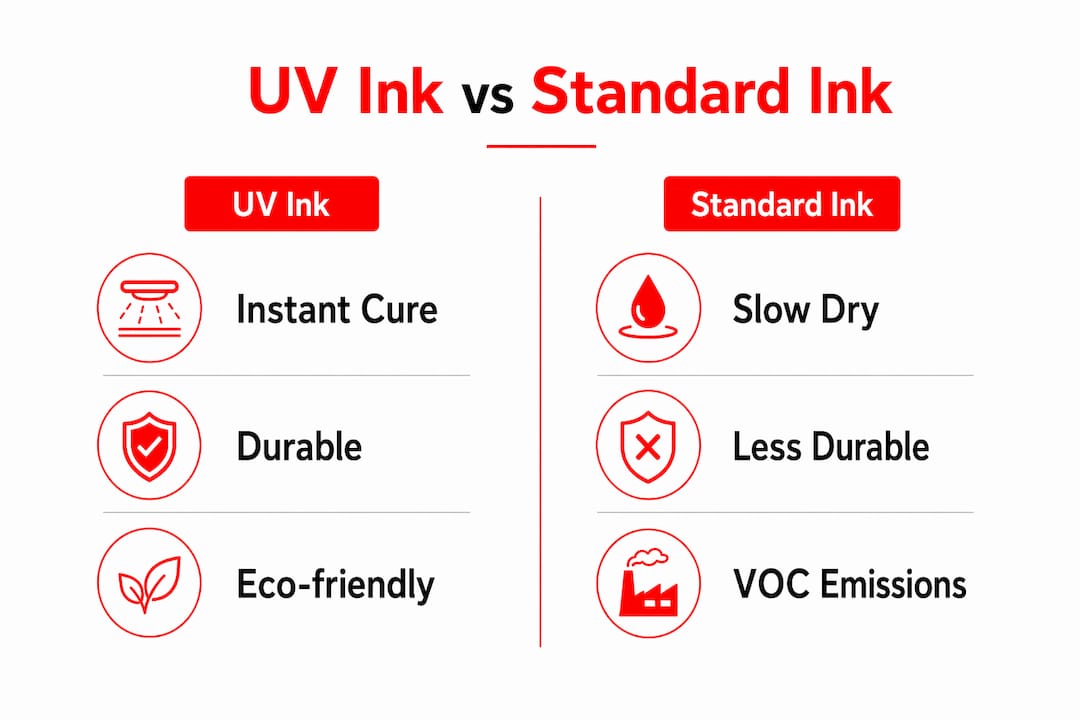 Infographic comparing UV ink and standard ink properties