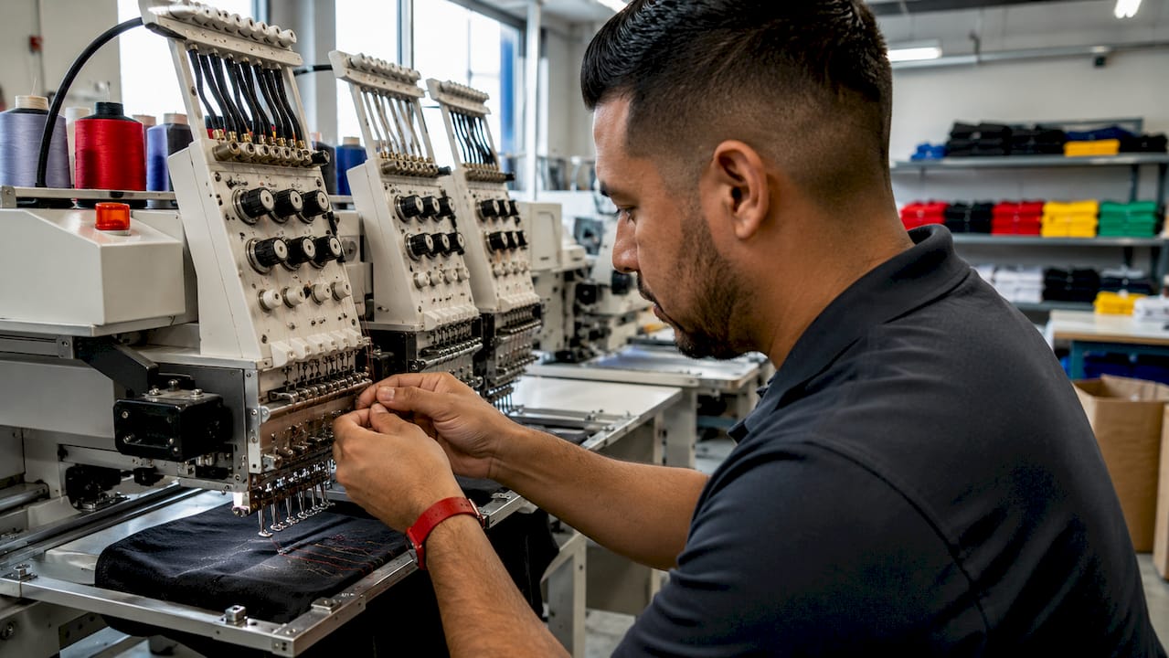 Hands threading embroidery machine in Ohio