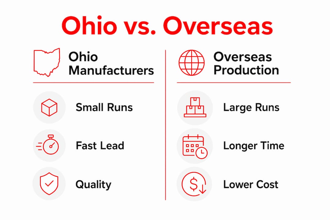 Infographic comparing Ohio and overseas apparel manufacturing