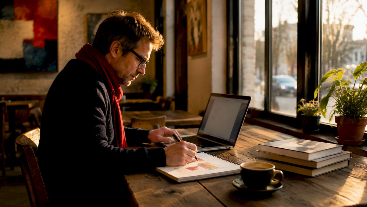 Man creating digital text layout on laptop
