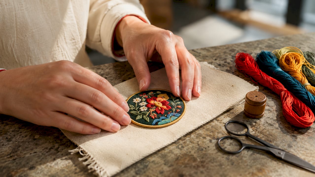 Close-up of embroidered patch on denim