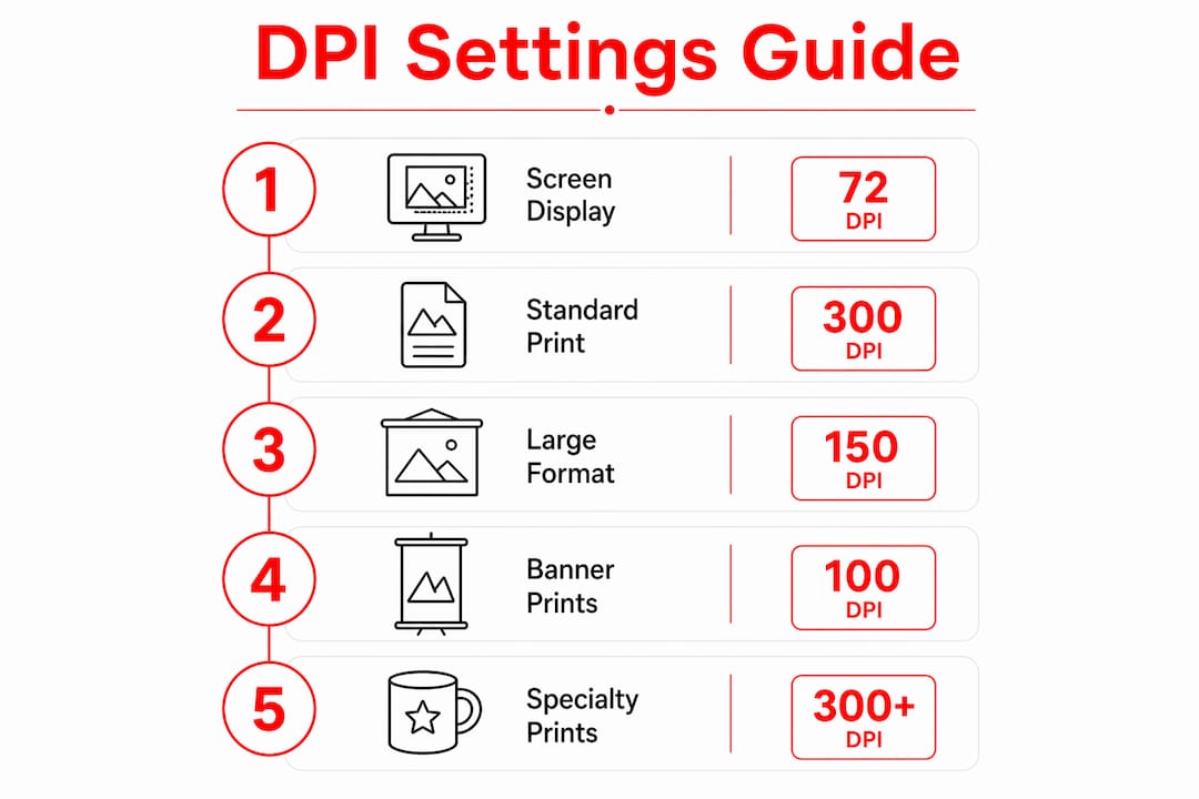 Infographic showing DPI settings for print types