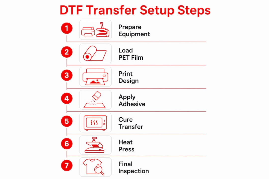 Infographic outlining DTF transfer setup steps