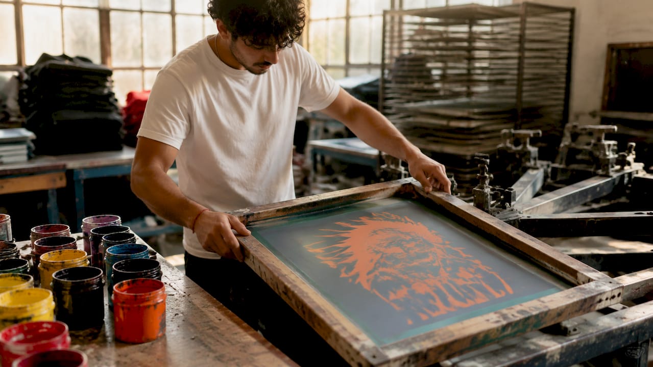 Screen printer aligning band logo stencil