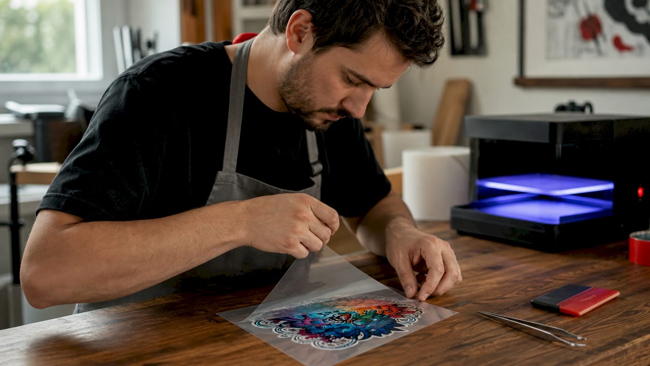 Hands assembling layered UV DTF decal transfer
