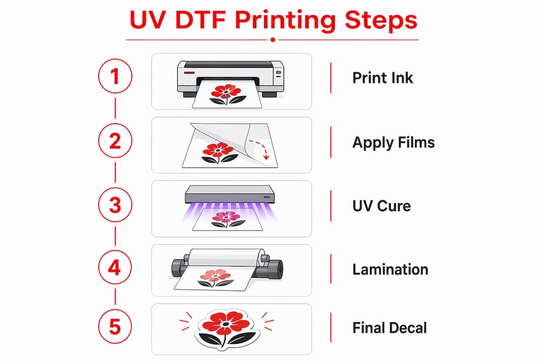 Infographic illustrating UV DTF printing process steps