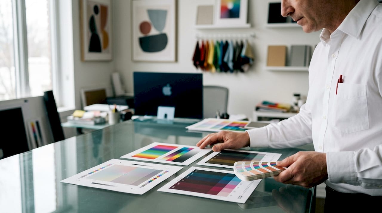 Print technician comparing RGB and CMYK colors