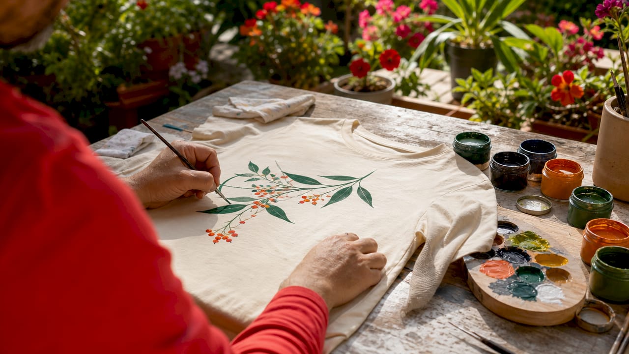 Hands painting fabric on cotton shirt frame