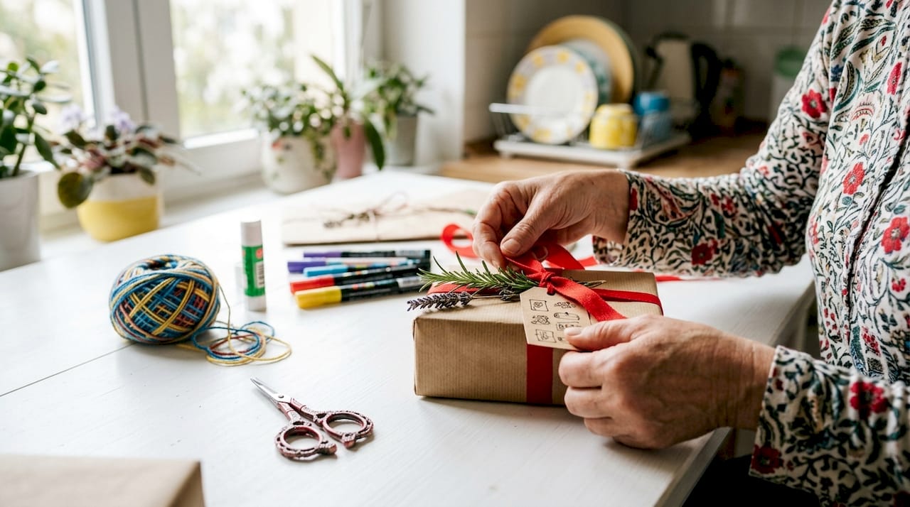 Hands tying string on DIY gift package