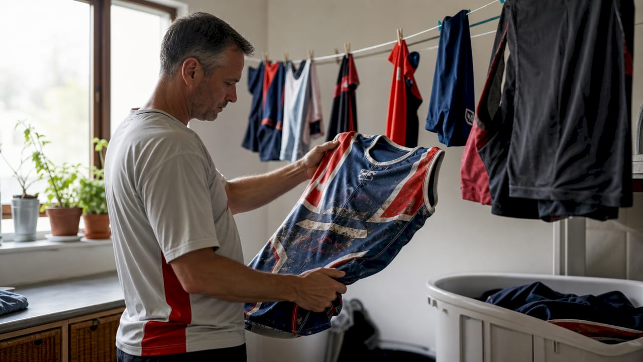 Man inspecting worn custom sports jersey after washing