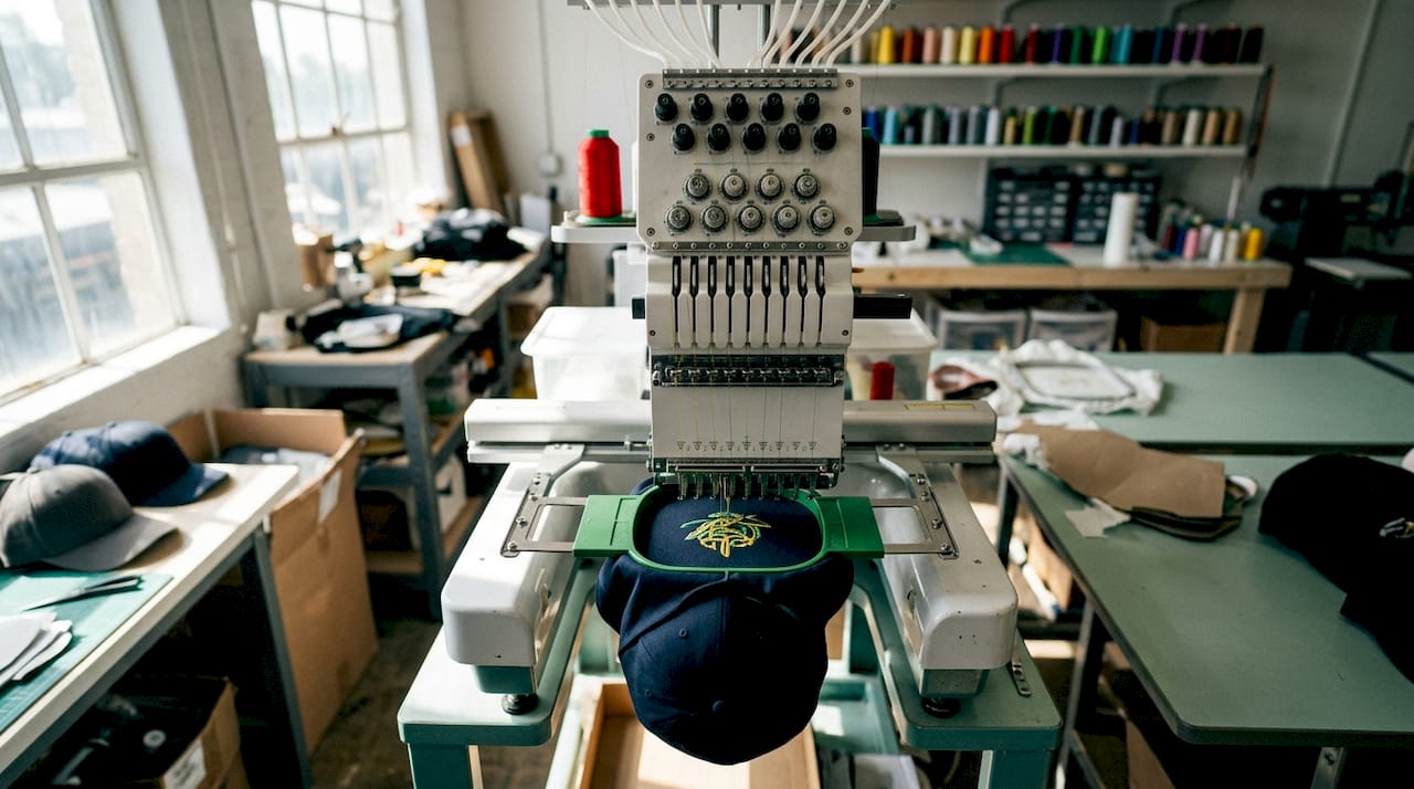 Close-up embroidery stitching on hat