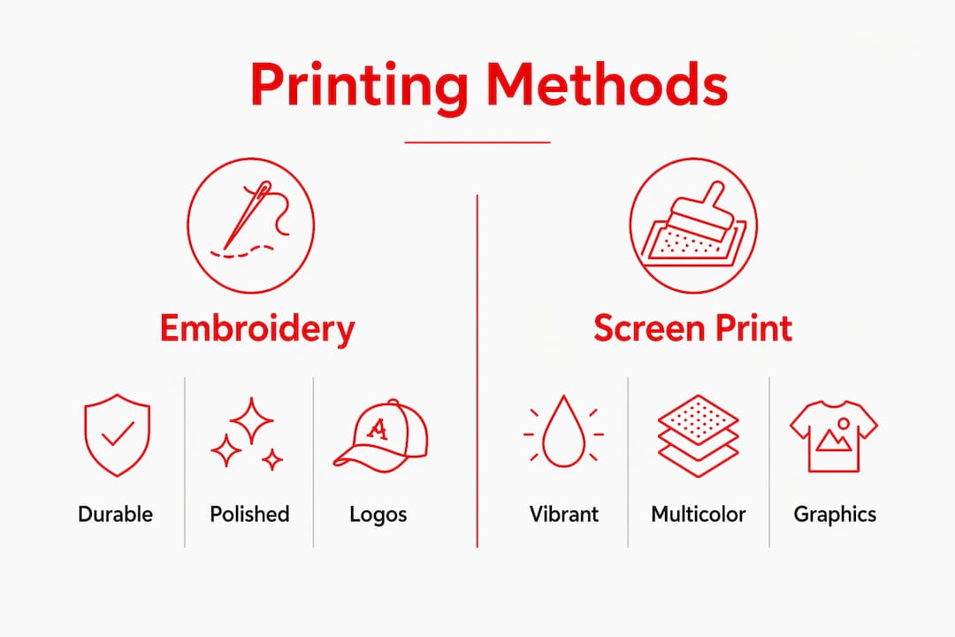 Infographic comparing embroidery and screen printing