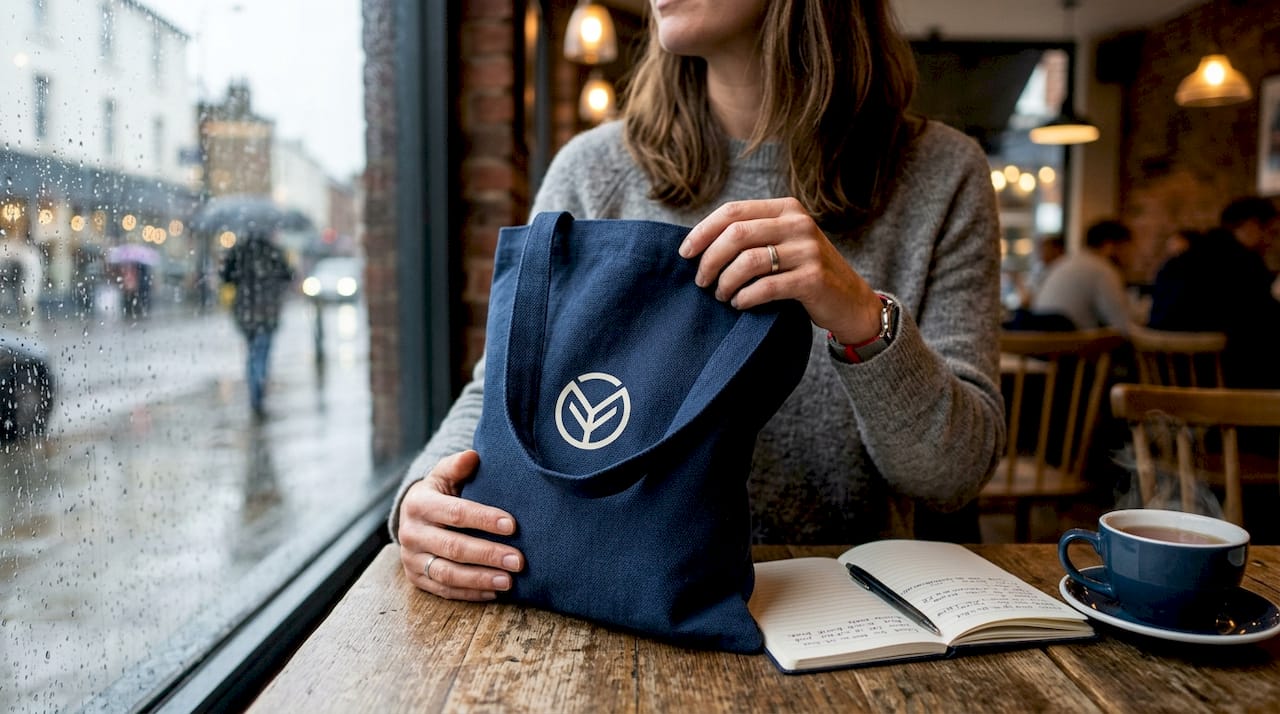 Hands holding branded tote bag outdoors