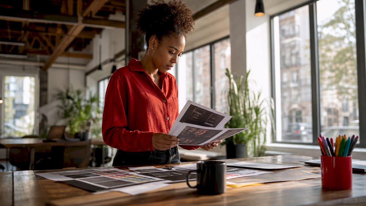 Businesswoman reviewing custom printed brochures
