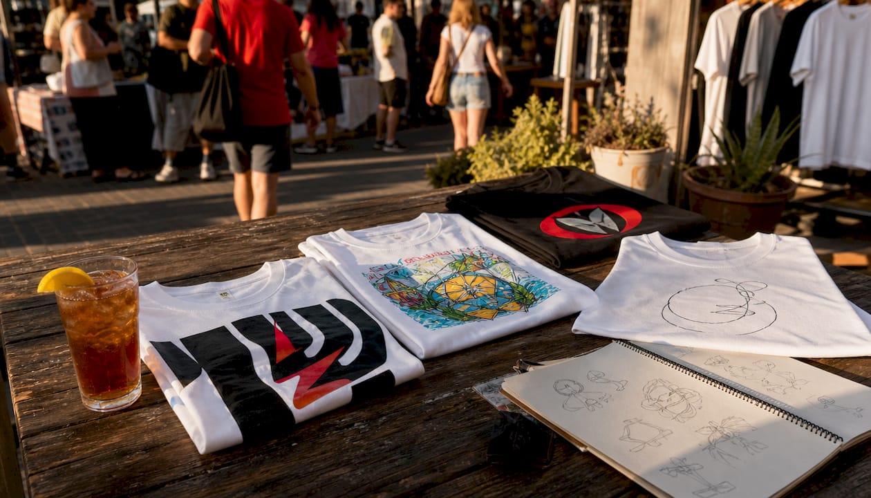 Diverse printed shirt art samples on table
