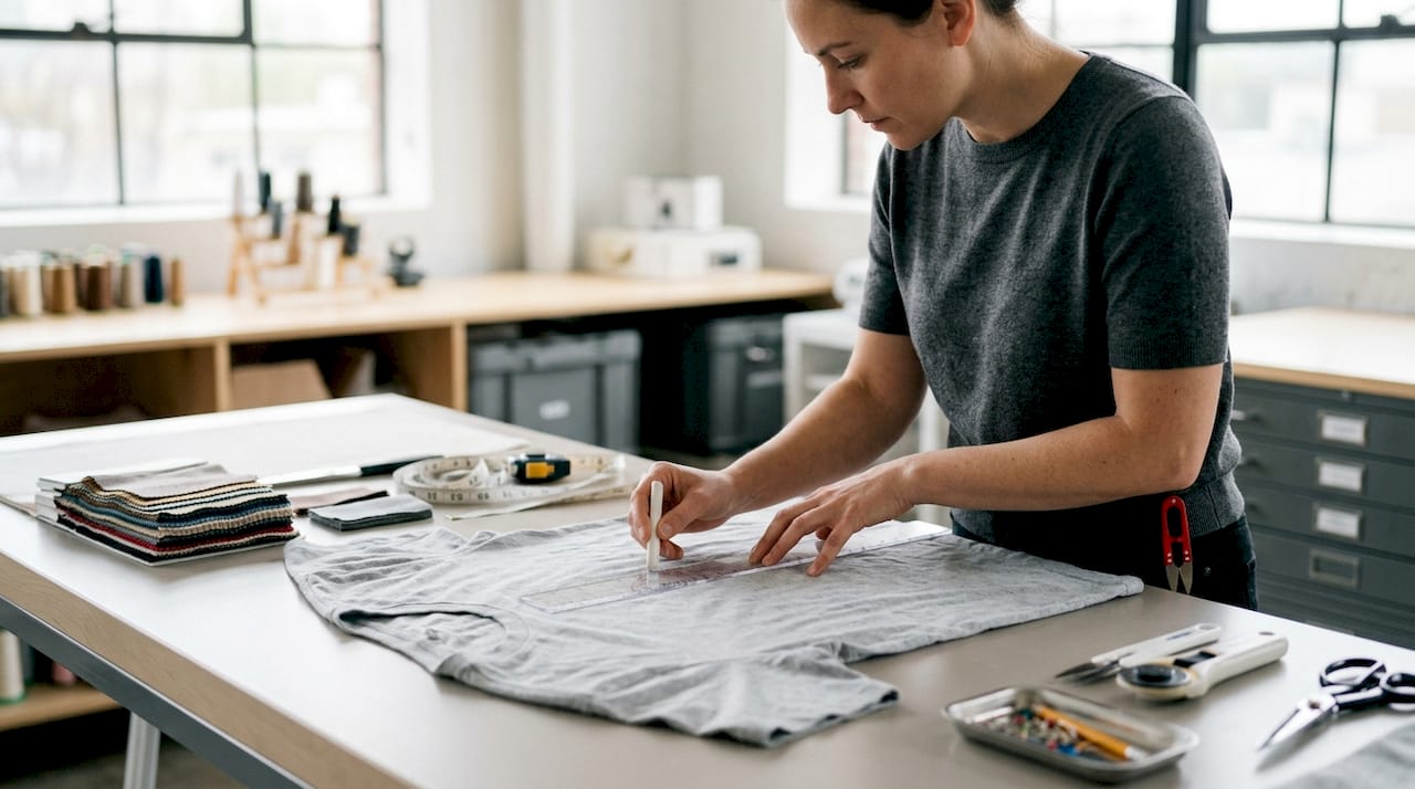 Hands measuring print placement on polo shirt