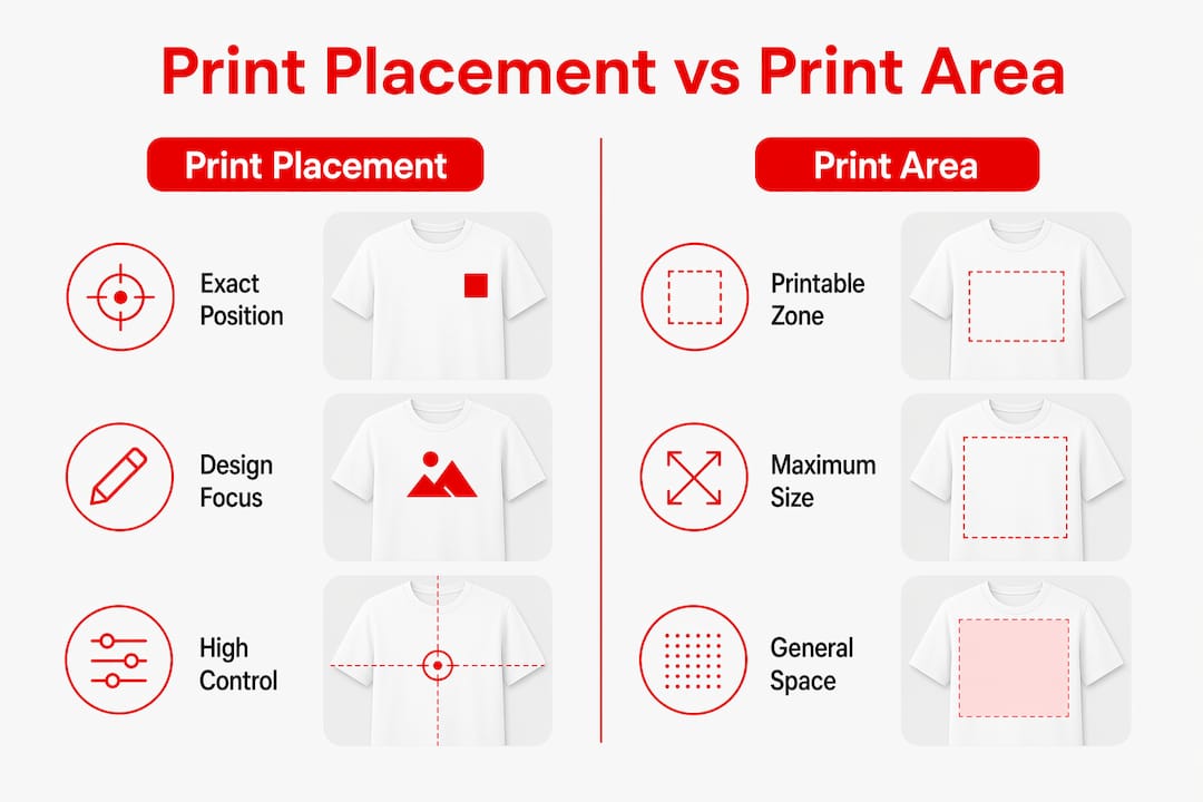 Infographic comparing print placement and print area concepts