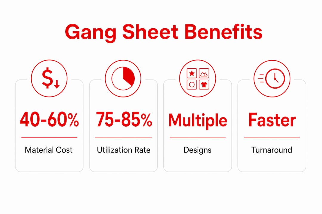 Infographic showing key benefits of gang sheet printing