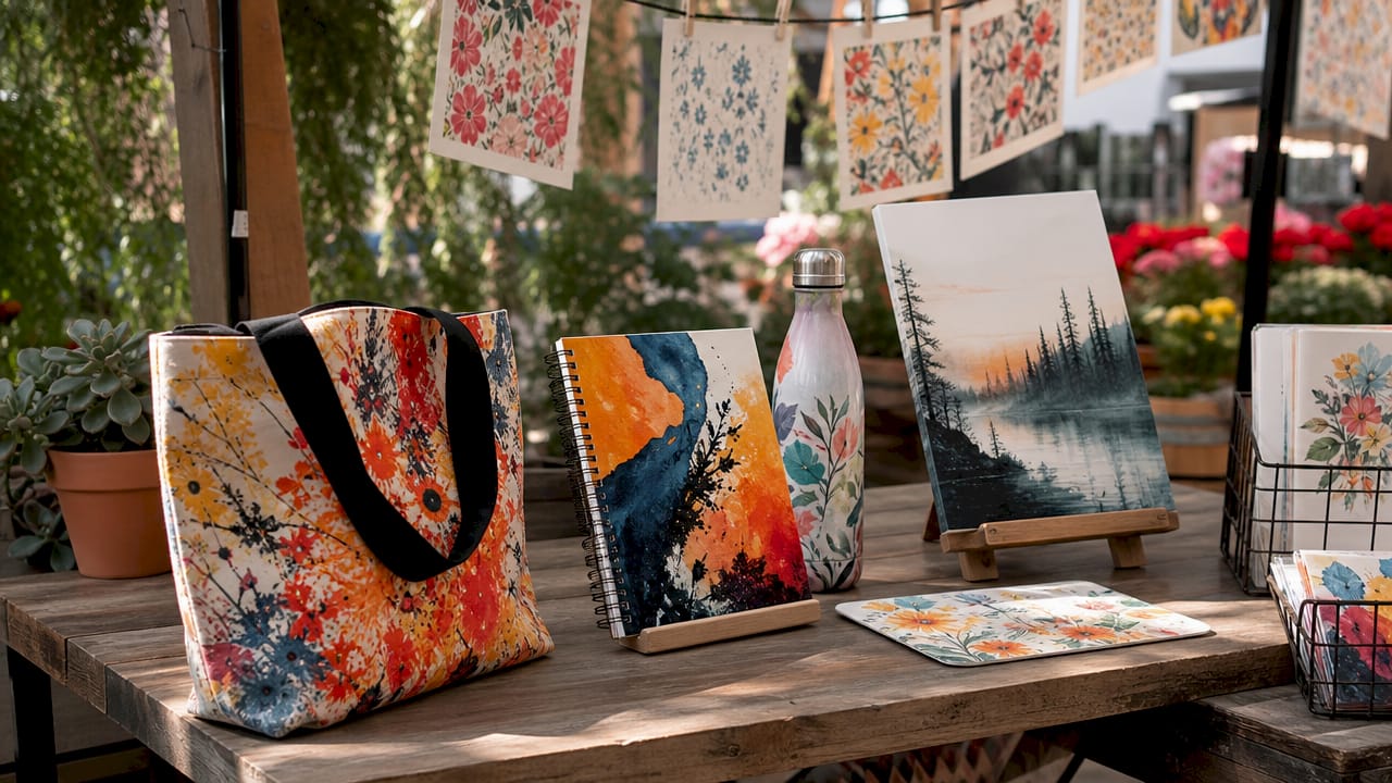 Variety of print on demand products on table