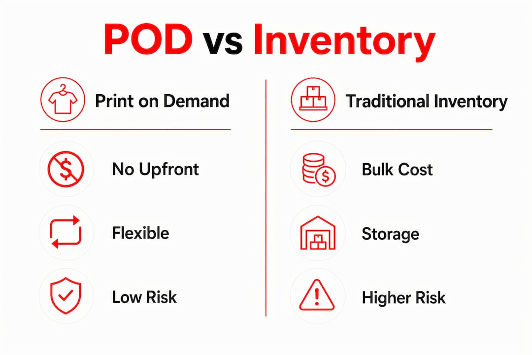 Infographic comparing print on demand and traditional inventory benefits