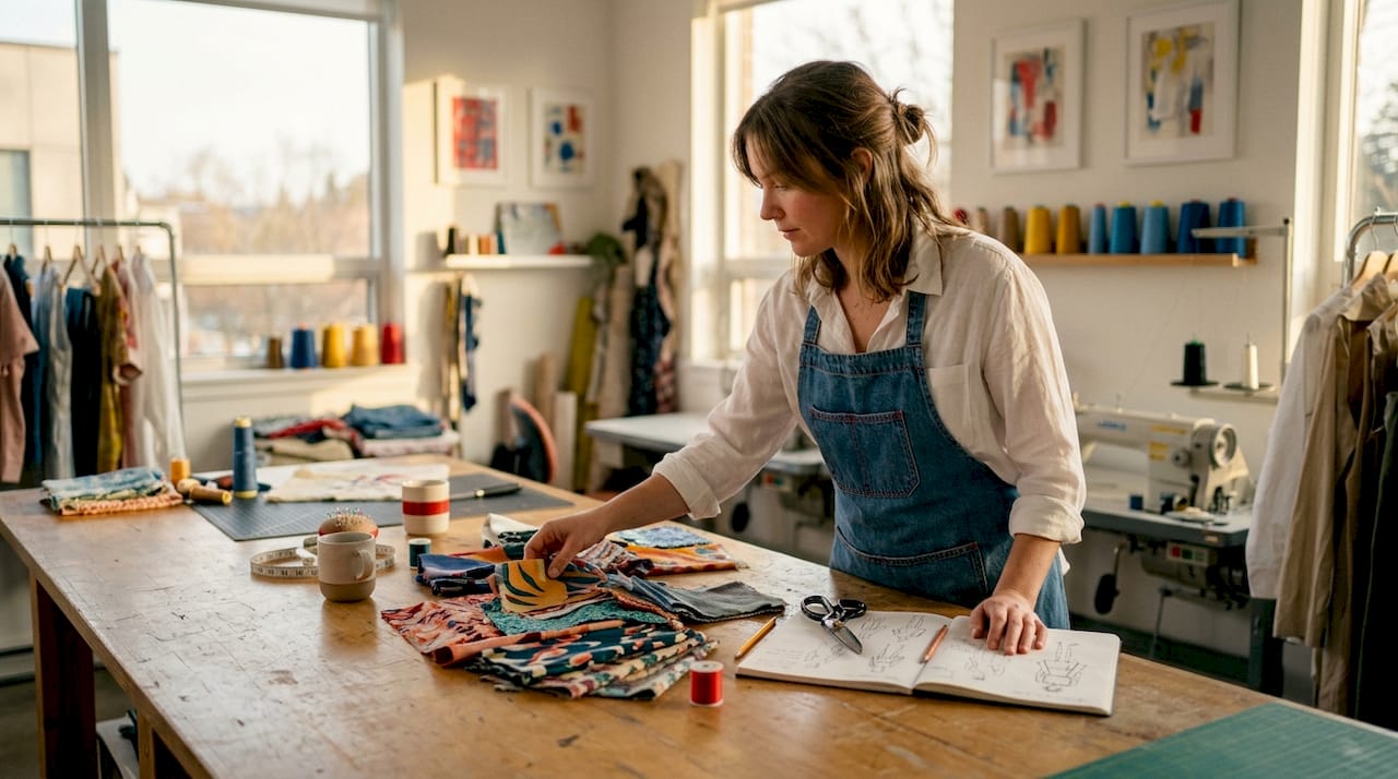 Designer preparing fabric swatches and artwork samples