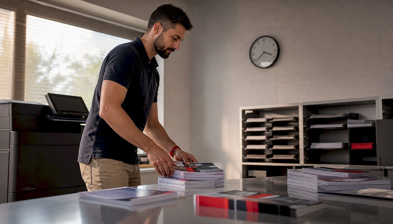 Hands collecting printed brochures quickly
