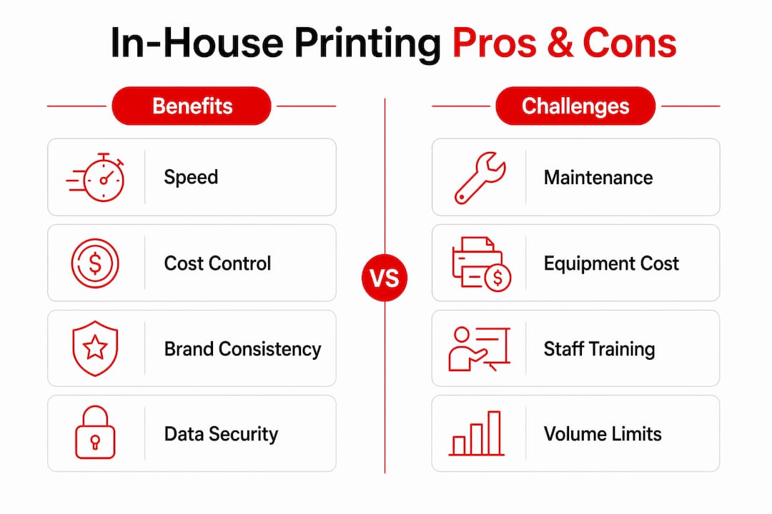 Infographic comparing benefits and challenges of in-house printing