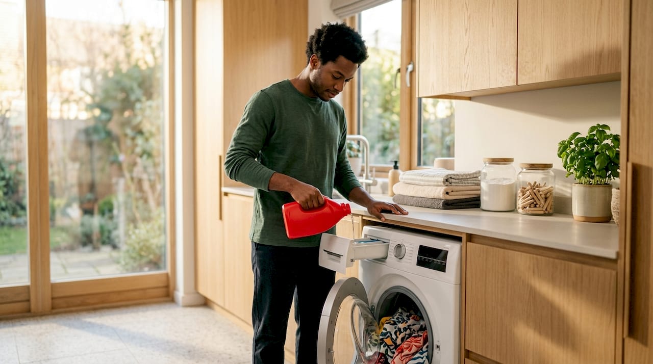 Hands pouring liquid detergent into washing machine