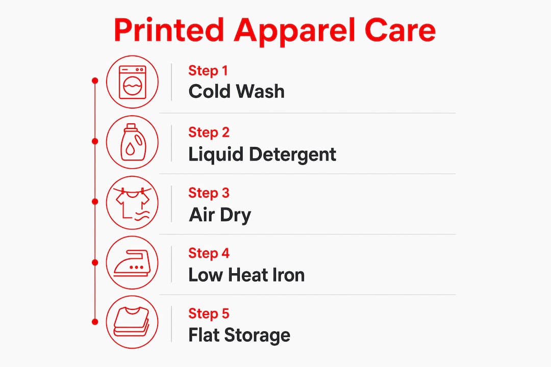 Infographic illustrating five care steps for printed apparel