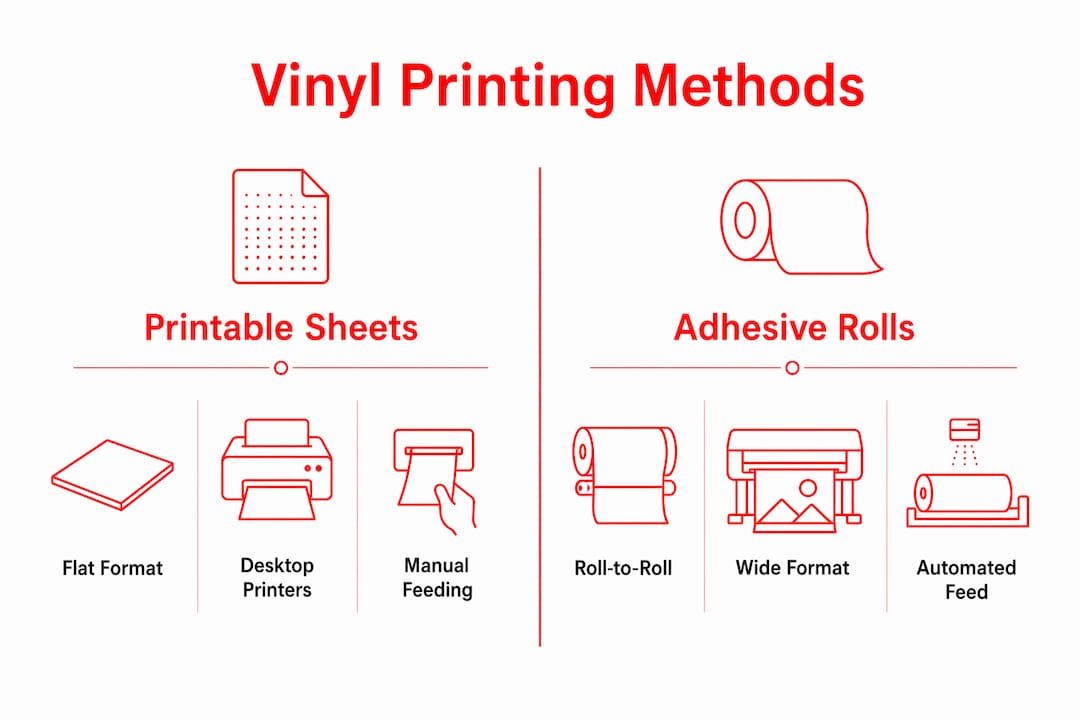 Infographic comparing printable vinyl sheets and adhesive rolls