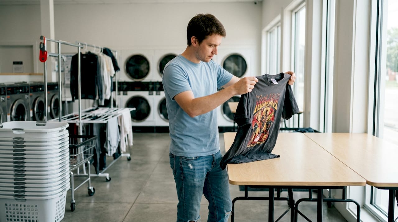 Close-up of hands inspecting printed band t-shirt fabric