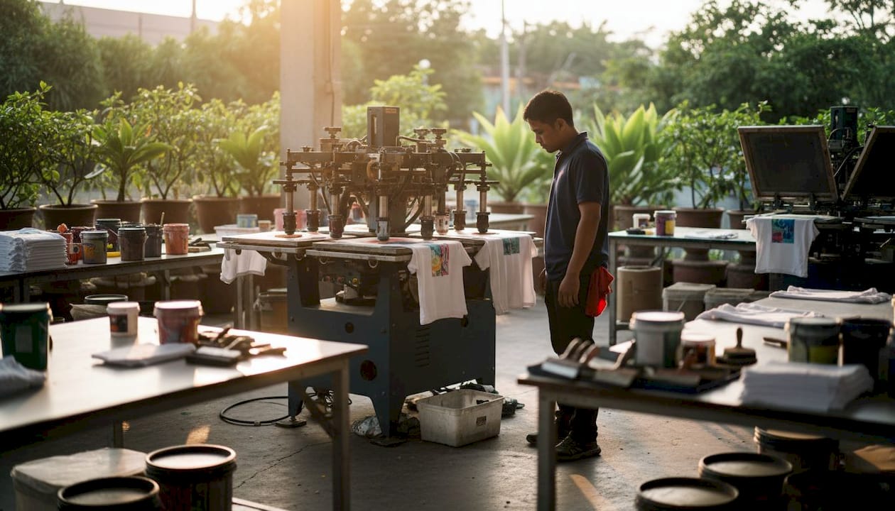Automatic screen printing press in operation