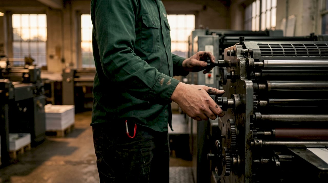 Hands adjusting black ink on printing press