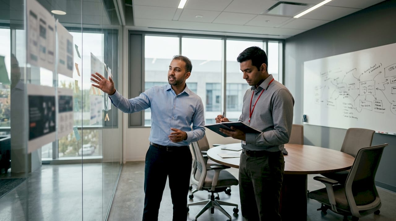 Two men discussing corporate print portal