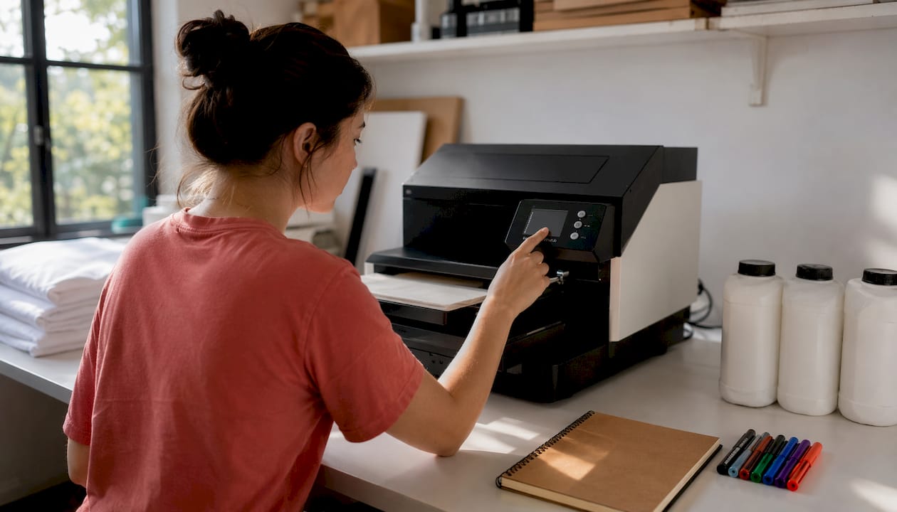 Operator calibrating direct to film printer in studio