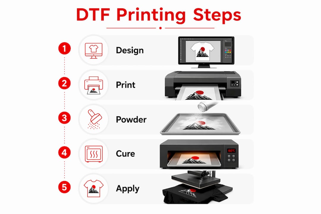 Infographic illustrating direct to film printing process steps