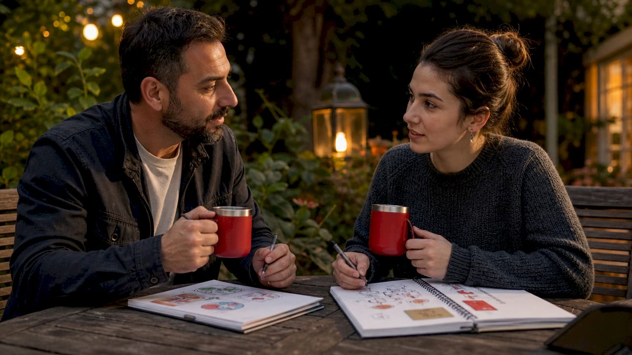 Two people planning personalized gifts in café