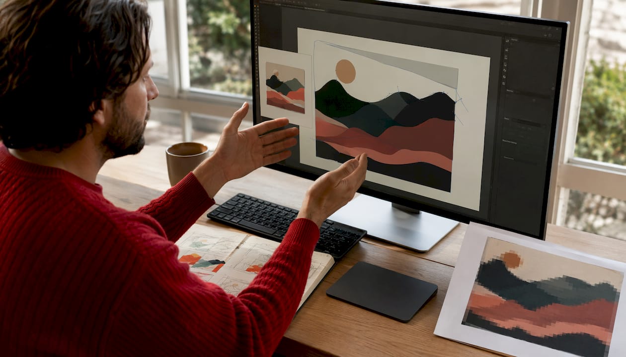 Hands comparing vector artwork and raster print